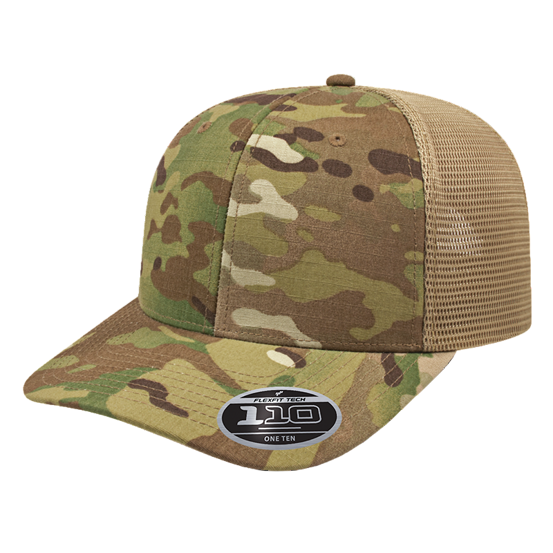Camouflage baseball cap with mesh back on a white background
