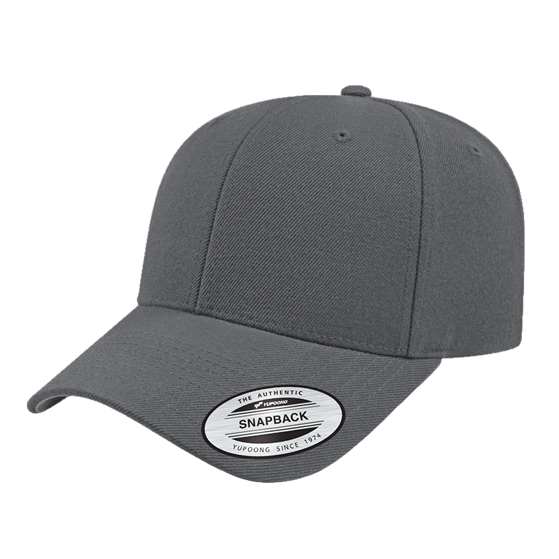 Gray snapback cap with a brand label on a white background