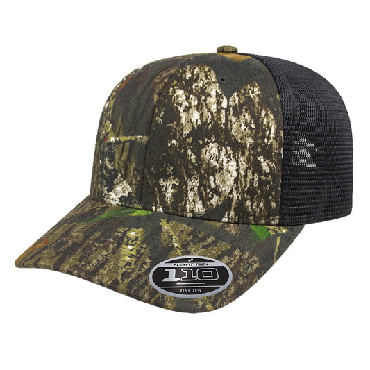Camouflage baseball cap with black mesh back on a white background