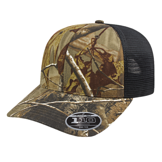 Camouflage baseball cap with black mesh back on a white background