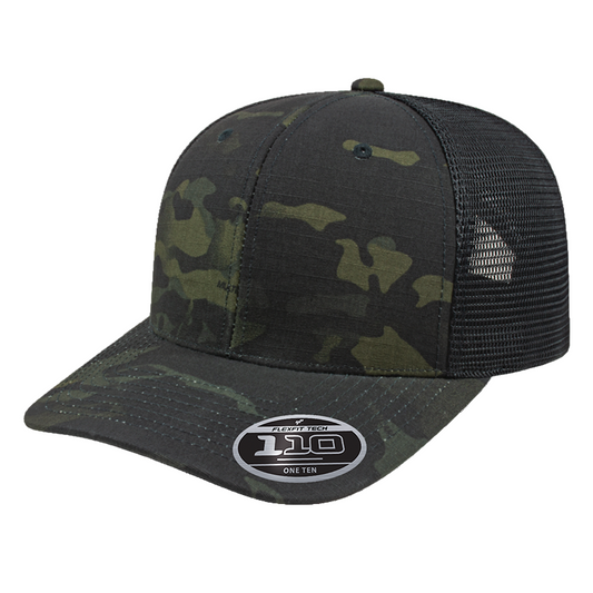 Camouflage trucker hat with mesh back on a white background