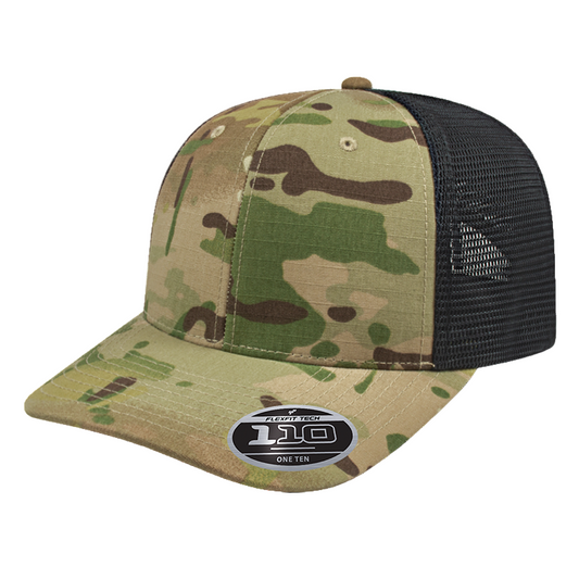 Camouflage trucker hat with black mesh back on a white background